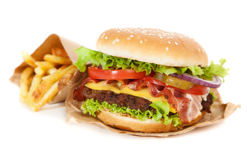 Delicious hamburger and fries