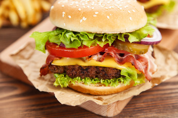 Delicious hamburger and fries