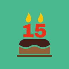 The birthday cake with candles in the form of number 15 icon. Birthday symbol. Flat