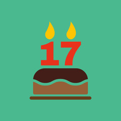 The birthday cake with candles in the form of number 17 icon. Birthday symbol. Flat