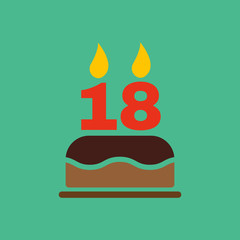 The birthday cake with candles in the form of number 18 icon. Birthday symbol. Flat