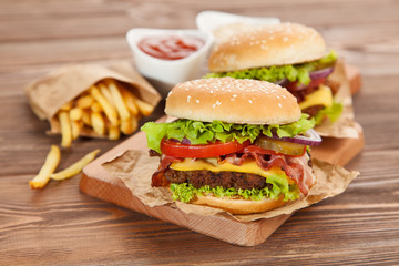 Delicious hamburger and fries
