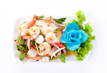 Thai spicy salad with shrimp and mix vegetable on white background