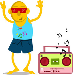 Vector illustrated cute man dance with cassette player.