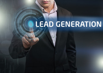 Businessman presses button lead generation on virtual screens. B