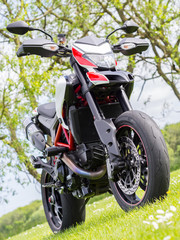 A supermotard type motorcycle in field in early summer (whole)