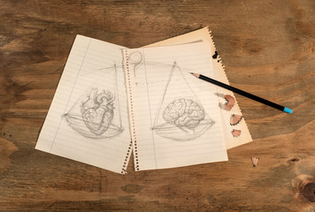        Disegno a matita di cuore e cervello su tavolo di legno grezzo. - obrazy, fototapety, plakaty