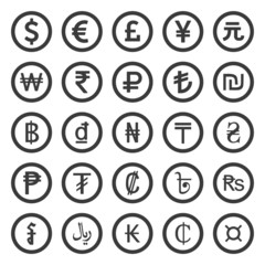Currency Icons Set. Black over white background