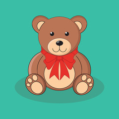 Cute brown teddy bear toy with red bow.