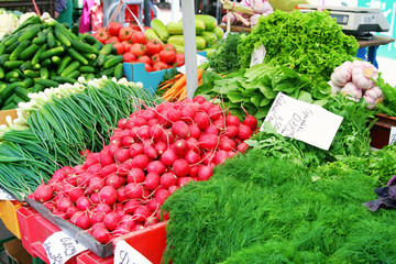 market table with fresh vegetables from farmers