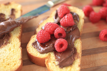 Chocolate spread sandwich with fresh raspberries 
