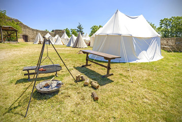 Medieval style tent and camp fire, Bolkow, Poland.