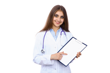 Friendly smiling young female doctor, isolated over white background