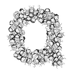 Letter Q, people crowd, vector alphabet design