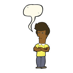 cartoon man with folded arms with speech bubble