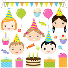 Obraz na płótnie Canvas Set of vector birthday party elements with kids