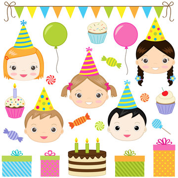Set of vector birthday party elements with kids