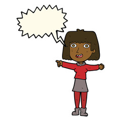 cartoon happy woman pointing with speech bubble
