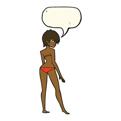 cartoon woman in bikini with speech bubble