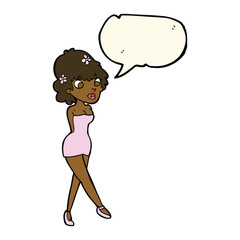 cartoon woman posing in dress with speech bubble