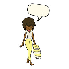cartoon woman going to bed with speech bubble