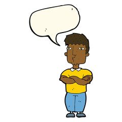 cartoon man with crossed arms with speech bubble