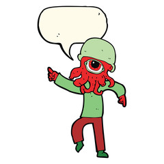 cartoon alien man dancing with speech bubble