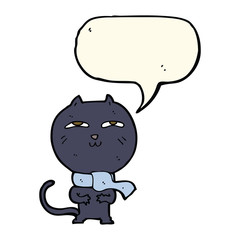 cartoon funny cat wearing scarf with speech bubble