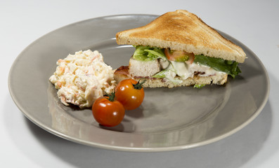 Club Sandwich on Plate with Coleslaw