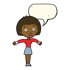 cartoon woman shrugging shoulders with speech bubble