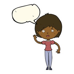 cartoon waving woman with speech bubble