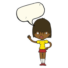 cartoon waving woman with speech bubble