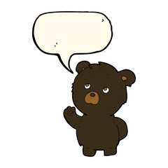 cartoon waving black bear with speech bubble