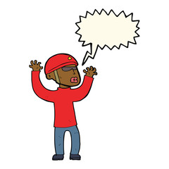 cartoon security man panicking with speech bubble