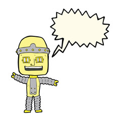 cartoon waving robot with speech bubble