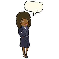 cartoon woman in trench coat with speech bubble