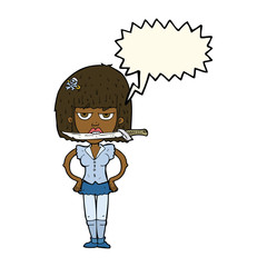 cartoon woman with knife between teeth with speech bubble