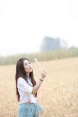 Asian girl on wheat field