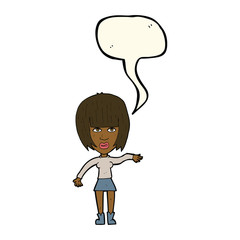 cartoon woman waving away with speech bubble