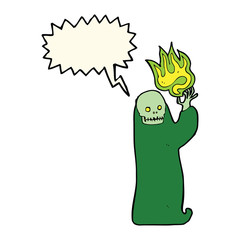 cartoon waving halloween ghoul with speech bubble