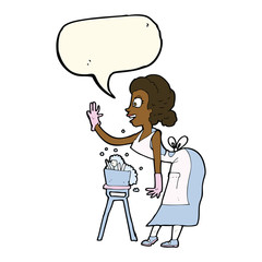 cartoon housewife washing up with speech bubble