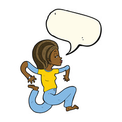cartoon woman running with speech bubble