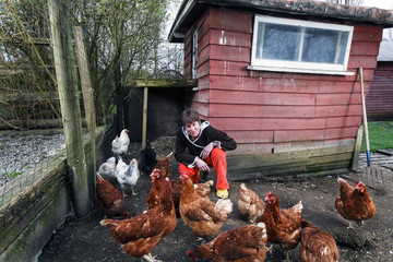 A woman with her chickens in a chicken coop © michaelcourtney