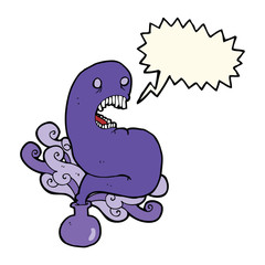 cartoon halloween ghost in bottle with speech bubble