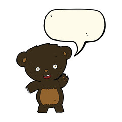 cartoon waving black bear with speech bubble