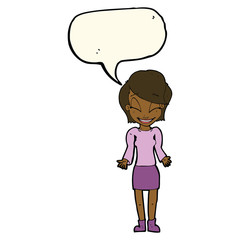 cartoon happy woman shrugging shoulders with speech bubble