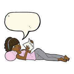 cartoon pretty woman reading book with speech bubble