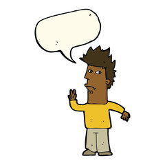 cartoon man giving peace sign with speech bubble