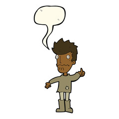 cartoon worried man giving thumbs up symbol with speech bubble