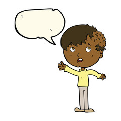 cartoon boy with growth on head with speech bubble